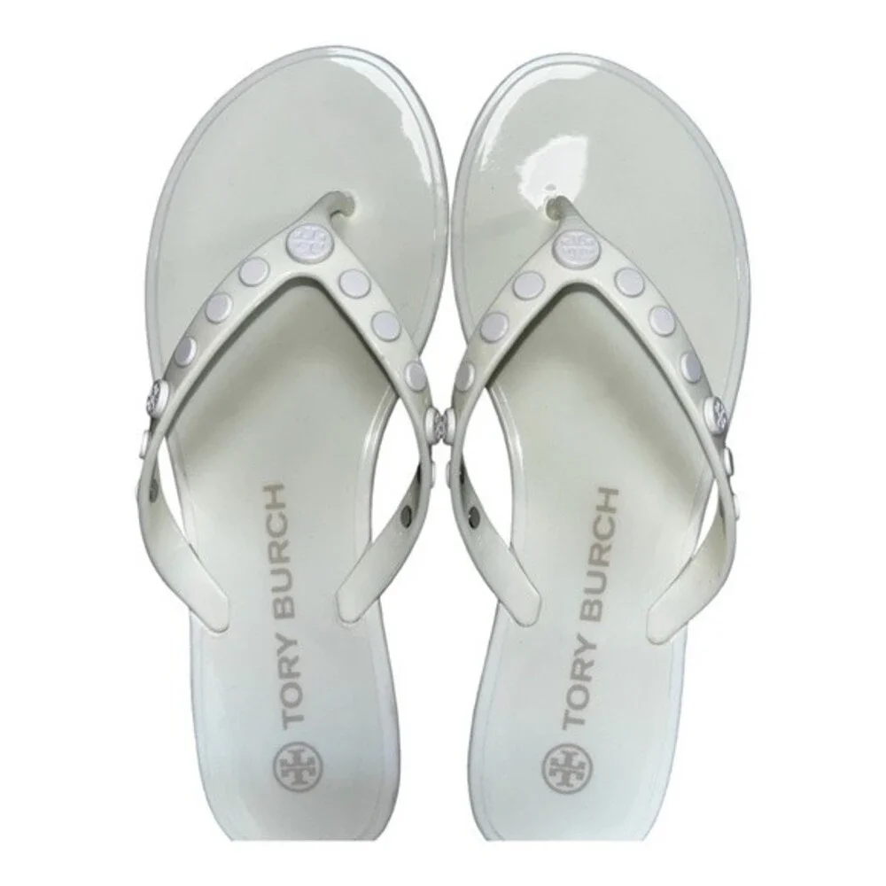 Tory Burch Studded Logo Jelly Ivory White Thong Flip Flop Sandals Women's 7
